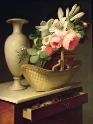 Liliom- és rózsacsokor egy kosárban, 1814